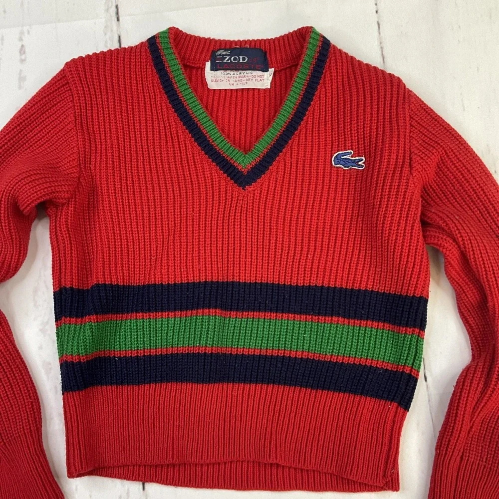Vintage 80s Izod Lacoste‎ Sweater Kids Sz 6 Red Cable Knit V-Neck Acrylic